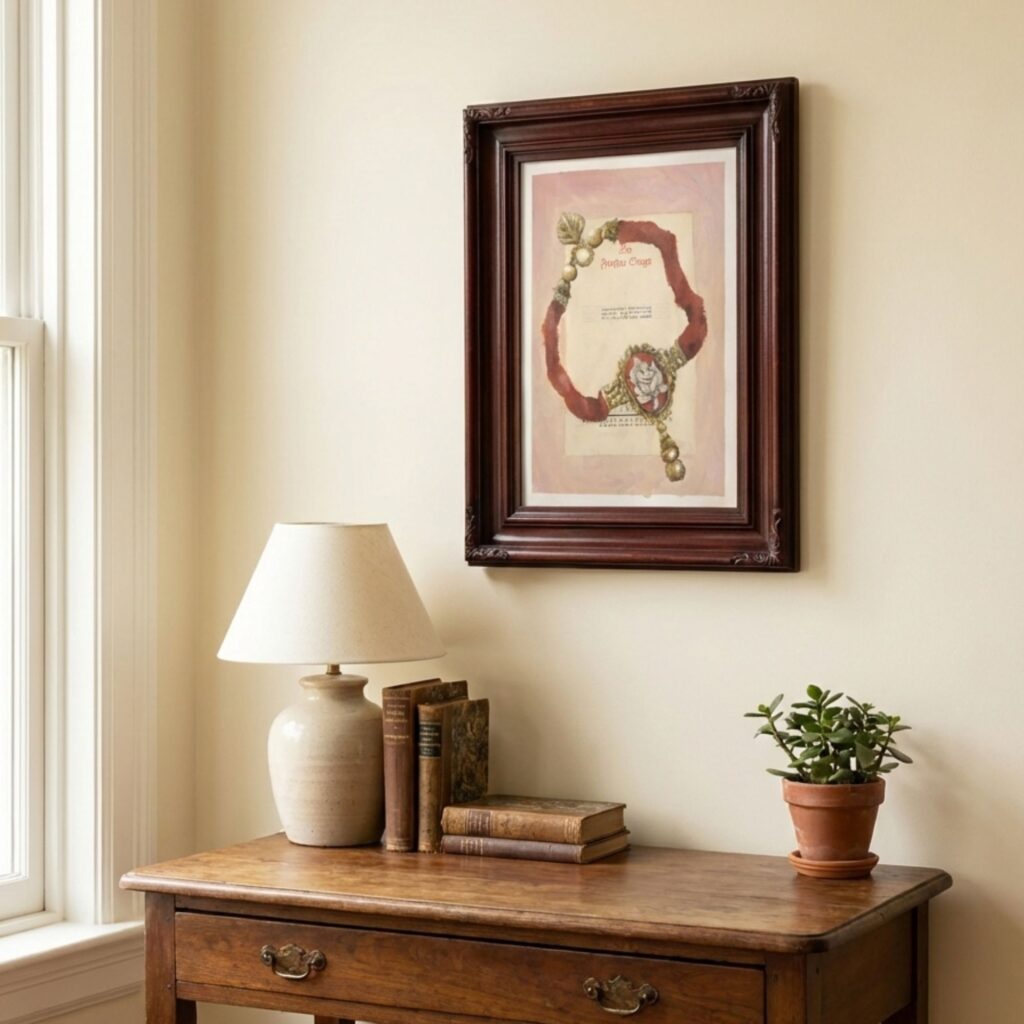 Eine handgemalte Illustration auf einer historischen Buchseite mit dem Titel „Die Forsyte Saga“. Das Motiv zeigt eine dicke, rote Kordel mit goldenen Quasten, die ein prunkvolles ovales Medaillon mit einer weißen Rose umschließt. Das Kunstwerk hat einen pastellrosa gemalten Hintergrund und liegt auf weiteren antiken Dokumenten mit Stammbaum-Grafiken.