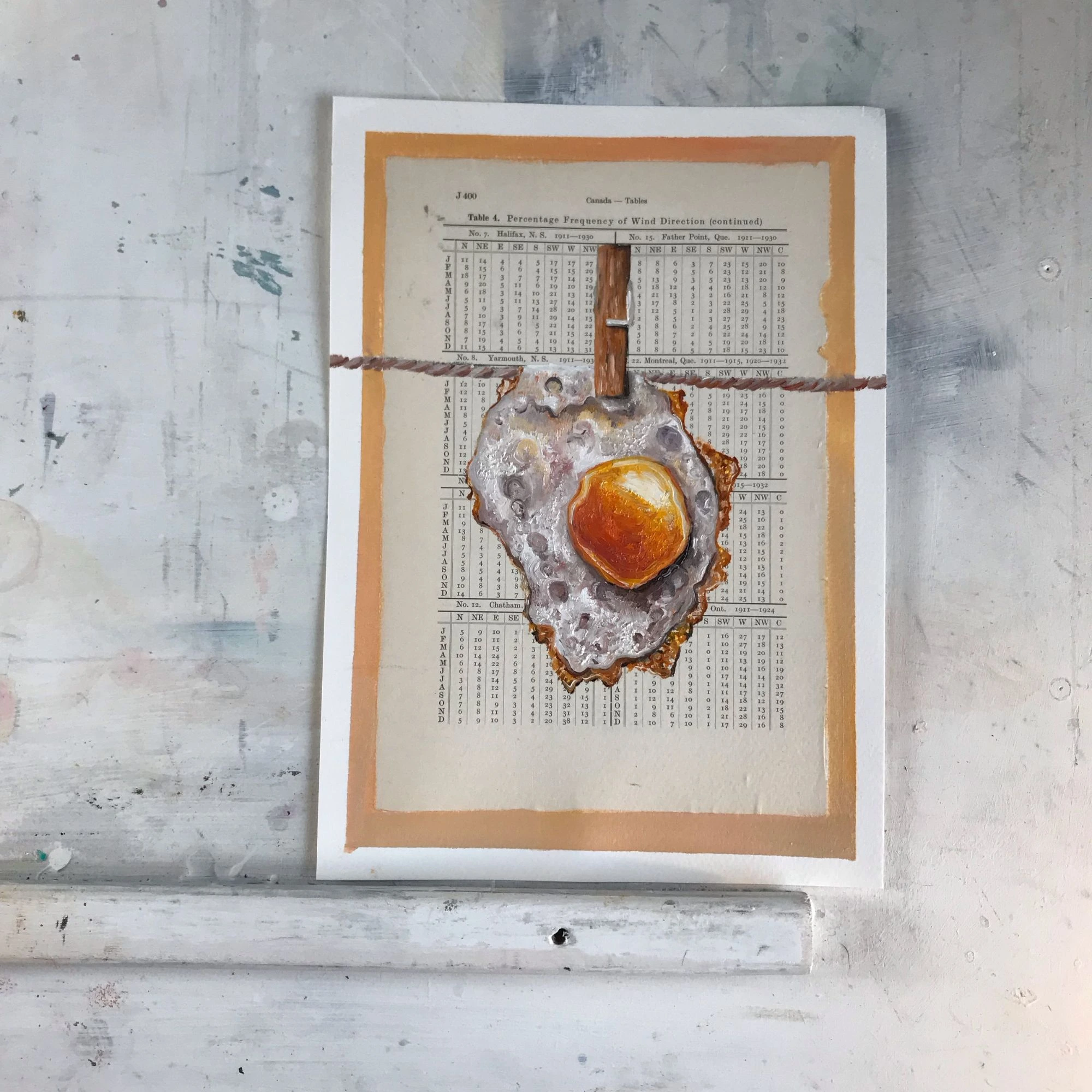 handgemalten Spiegeleis in Impasto-Technik mit dicker, plastischer Farbschicht auf einem vergilbten Blatt eines historischen Kalenders oder Registers. Das Eigelb ist glänzend orange-gelb hervorgehoben, der Rand knusprig braun gemalt. Das Bild liegt auf einem weißen, rustikalen Holzhintergrund.