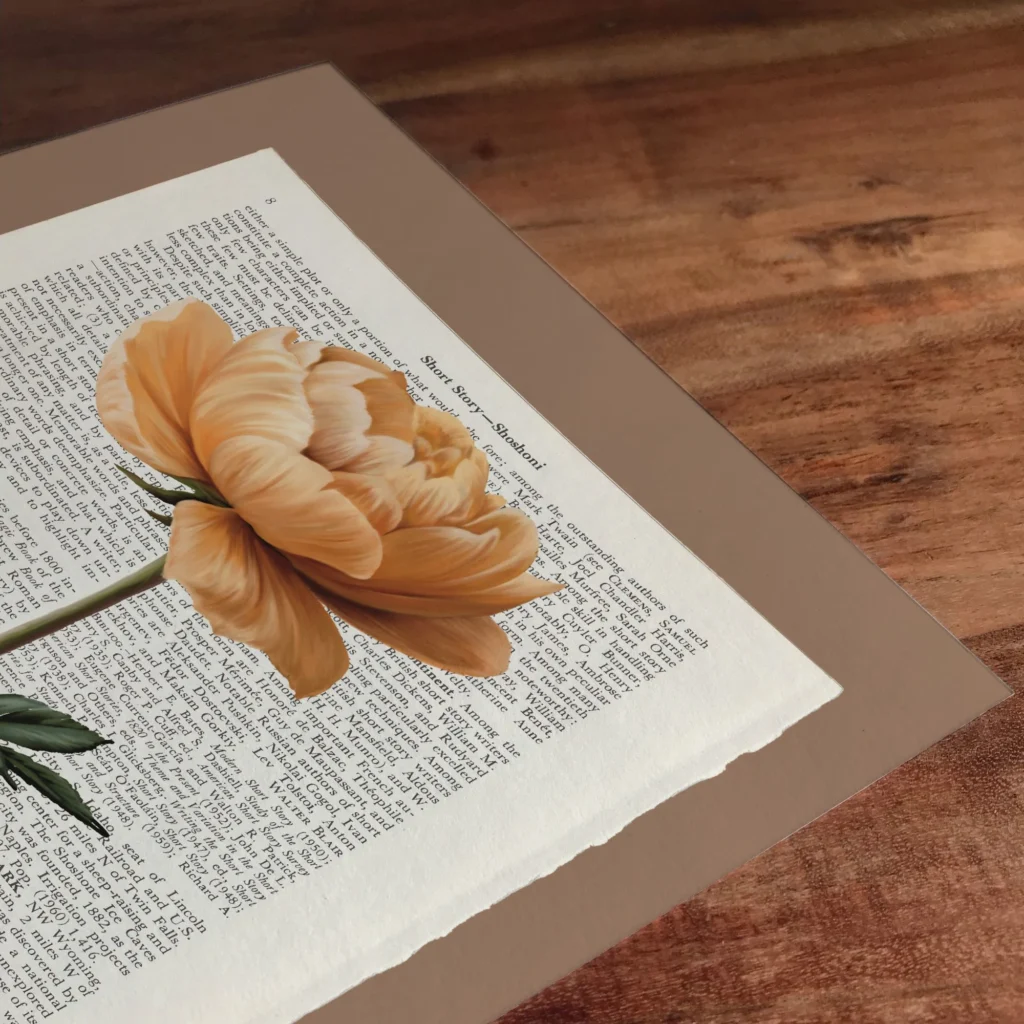 moderne wandbilder blumen, blumen poster vintage, vintage blumen, kunst auf buchseiten, kunstdruck buchseiten, handgezeichnete blumen, botanik wandbild, minimalistische naturposter, geschenk für buchliebhaber