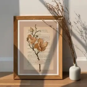 moderne wandbilder blumen, blumen poster vintage, vintage blumen, kunst auf buchseiten, kunstdruck buchseiten, handgezeichnete blumen, botanik wandbild, minimalistische naturposter, geschenk für buchliebhaber