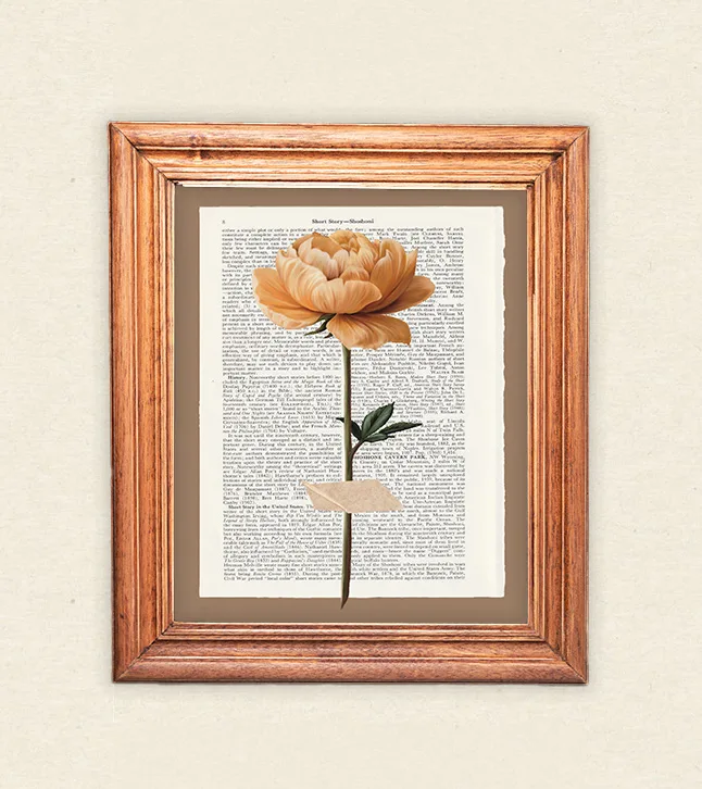 moderne wandbilder blumen, blumen poster vintage, vintage blumen, kunst auf buchseiten, kunstdruck buchseiten, handgezeichnete blumen, botanik wandbild, minimalistische naturposter, geschenk für buchliebhaber