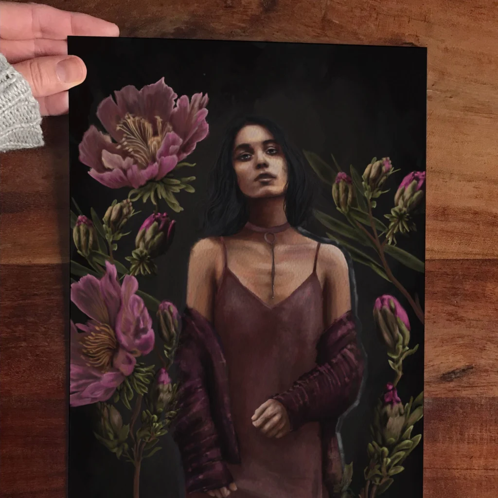 Porträt Frau modern, Feminine Wandkunst, Kreative Feminismus Poster, Eklektische Kunst, Moderne Wandkunst, Surreale Botanik, Magischer Realismus, Maximalist Decor, Aesthetic Wall Art, Moody Portrait, Hahnemühle Kunstdruck, Statement Piece Wandbild, Fine Art Illustration
