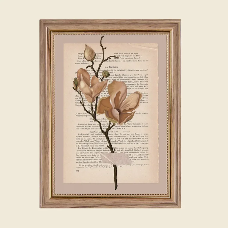 moderne wandbilder blumen, blumen poster vintage, vintage blumen, kunst auf buchseiten, kunstdruck buchseiten, handgezeichnete blumen, botanik wandbild, minimalistische naturposter, geschenk für buchliebhaber