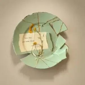Draufsicht auf einen runden, hellgrünen Kintsugi-Keramikteller mit goldenen Reparaturlinien, dessen rechte Scherben asymmetrisch übereinandergestapelt sind, dekoriert mit einer Buchseite mit der Aufschrift ‚Der reiche Mann‘ und getrockneten gelben Blüten auf beigem Hintergrund.