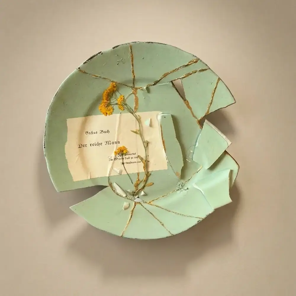 Draufsicht auf einen runden, hellgrünen Kintsugi-Keramikteller mit goldenen Reparaturlinien, dessen rechte Scherben asymmetrisch übereinandergestapelt sind, dekoriert mit einer Buchseite mit der Aufschrift ‚Der reiche Mann‘ und getrockneten gelben Blüten auf beigem Hintergrund.