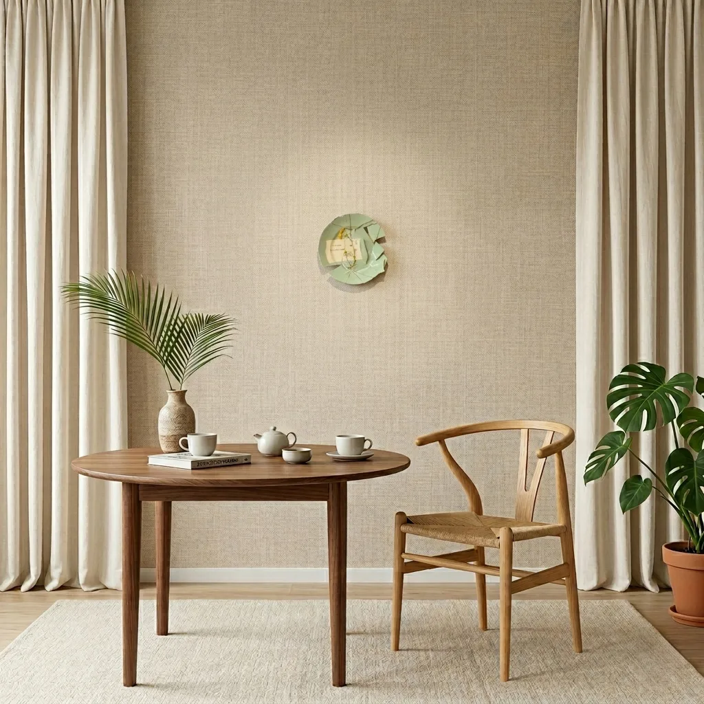Minimalistisches Esszimmer im Wabi-Sabi-Stil mit rundem Holztisch, Wishbone-Chair und einem hellgrünen Kintsugi-Teller mit goldenen Reparaturlinien als Wandkunst auf einer strukturierten Tapete.
