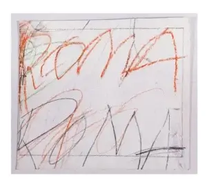 Abstrakte Zeichnung „Roma“ von Cy Twombly mit dynamischen, krakeligen Schriftzügen in Orange und Dunkelgrau auf weißem Papiergrund.