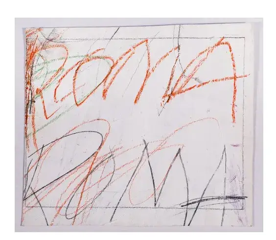 Abstrakte Zeichnung „Roma“ von Cy Twombly mit dynamischen, krakeligen Schriftzügen in Orange und Dunkelgrau auf weißem Papiergrund.