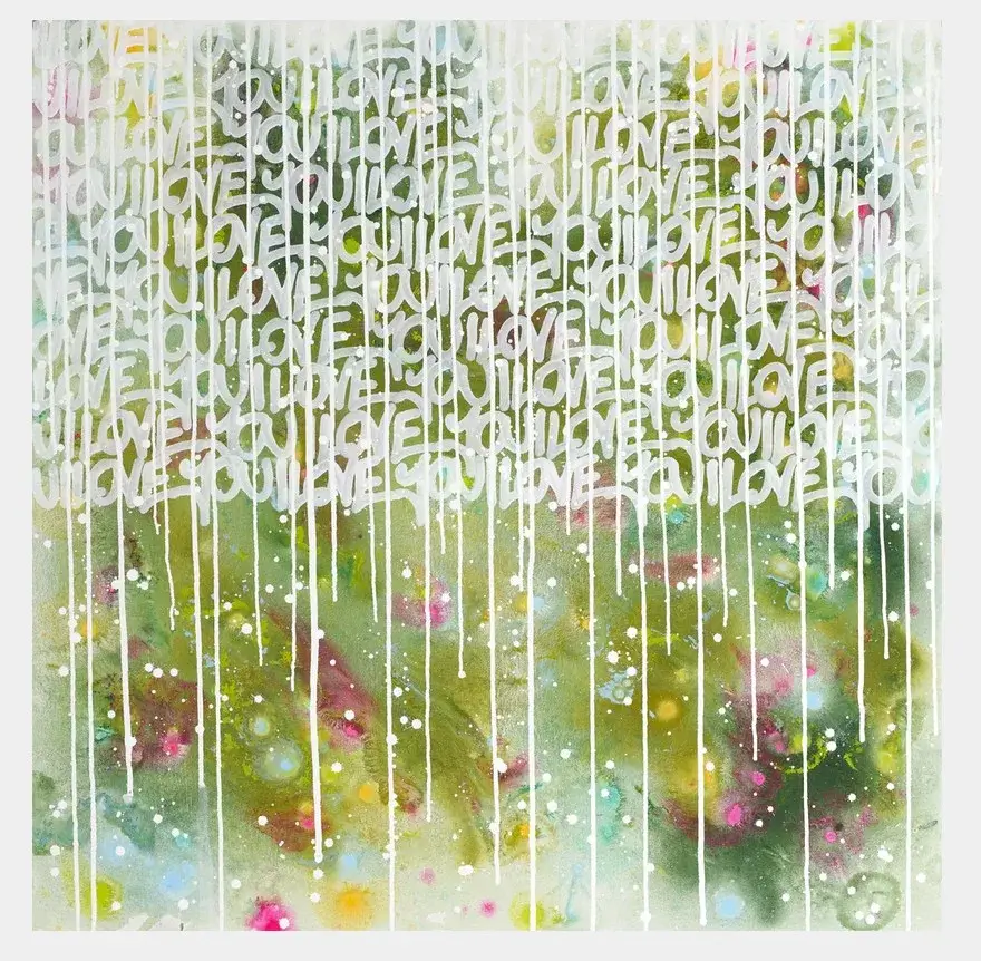 Abstraktes Mixed-Media-Gemälde „Garden of Loves“ von Künstlerin Amber Goldhammer mit weißer Street-Art-Schrift auf einem bunt gesprenkelten Hintergrund.