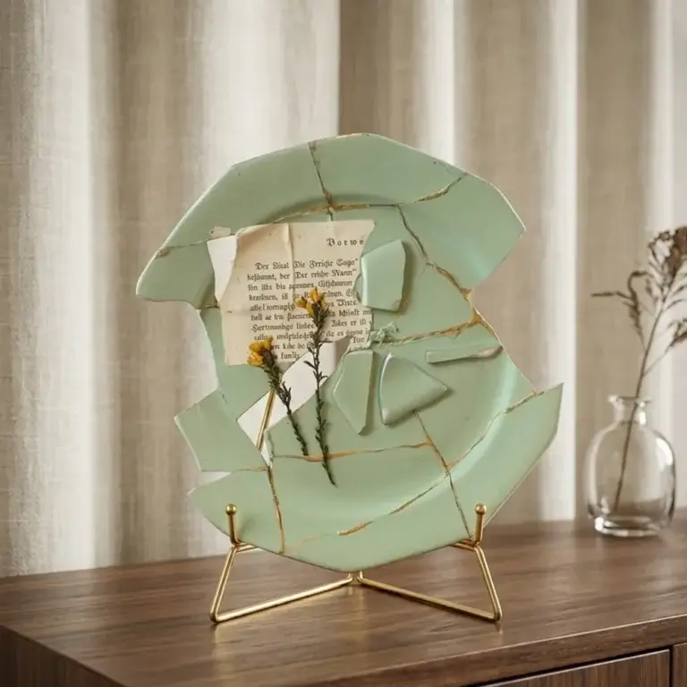Zerbrochener, hellgrüner Kintsugi-Keramikteller mit feinen Goldnähten, aufgestellt auf einem minimalistischen, goldenen Metallständer auf einer Holzoberfläche, dekoriert mit einer bedruckten Buchseite mit dem sichtbaren Wort ‚Vorwort‘ und einer kleinen, getrockneten gelben Blüte.