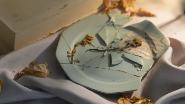 Zerbrochener mintgrüner Keramikteller im Wabi-Sabi-Stil mit getrockneten Blumen und Buchseite auf Stoff vom Lineativ Studio.