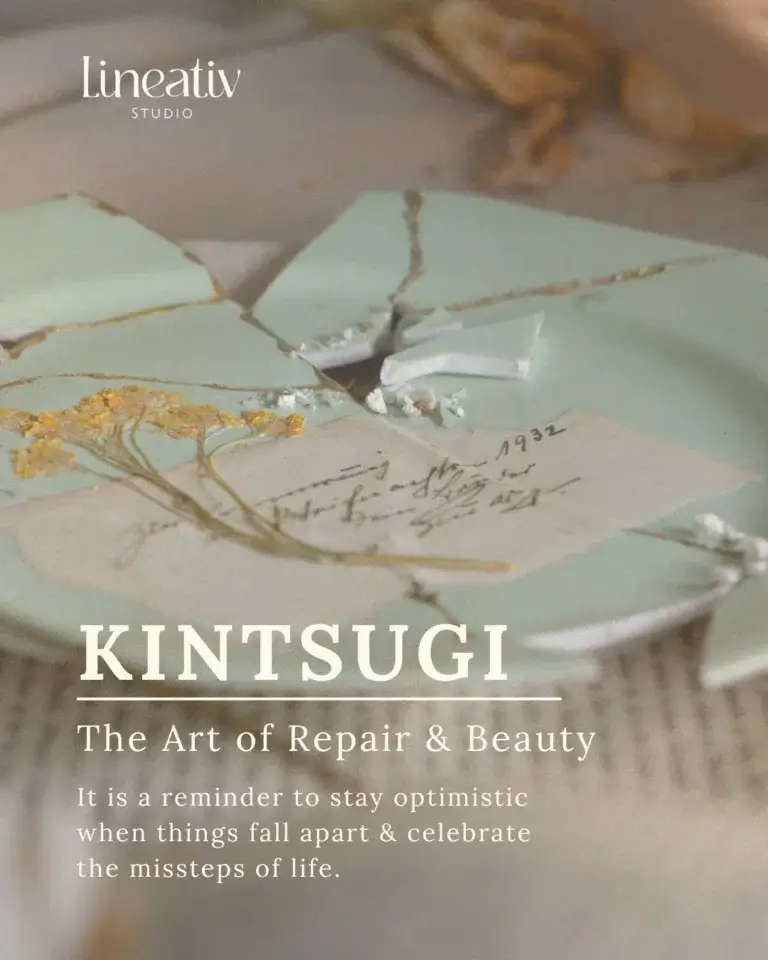 intsugi Kunstwerk des Lineativ Studio mit zerbrochener, gold-reparierter mintgrüner Keramik und einem historischen Dokument, das die Philosophie der Schönheit im Unperfekten symbolisiert.