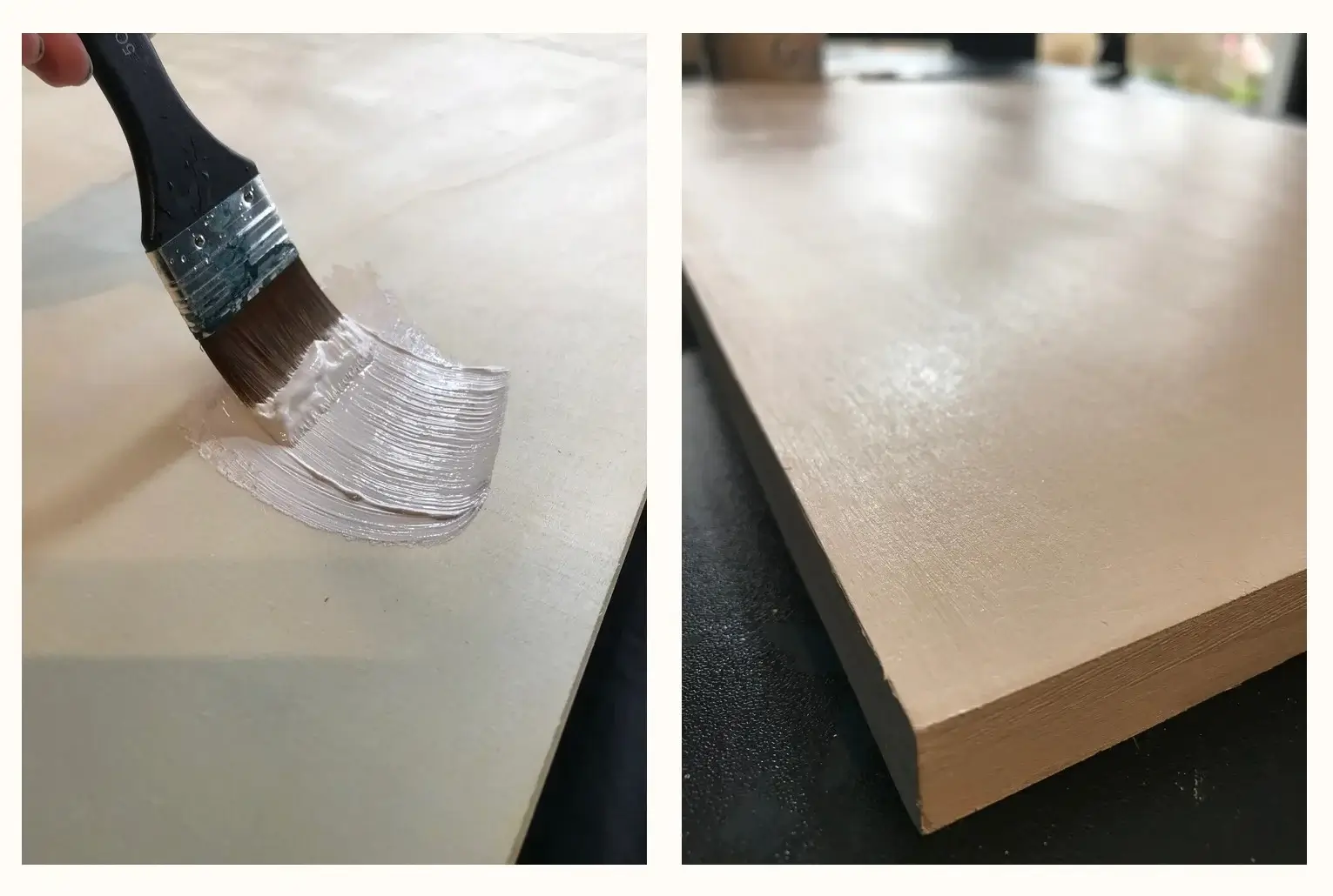 Zweiteilige Bildcollage zeigt das Auftragen von weißem Gesso mit einem breiten Pinsel auf eine Holzleinwand sowie die fertig grundierte Oberfläche.