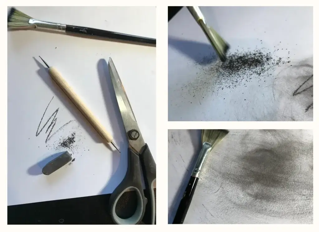 Dreiteilige Bildcollage zeigt die Materialien Schere, Fächerpinsel, Knetradiergummi und Grafitstaub zum Übertragen einer Skizze auf Papier.