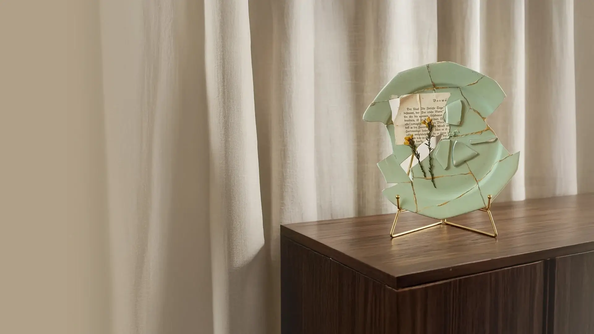 Ein mintgrüner, zerbrochener Kintsugi-Teller mit goldenen Klebenähten steht auf einem Holzboard vor hellen Vorhängen. Im Teller stecken getrocknete Blumen und ein alter Textausschnitt.