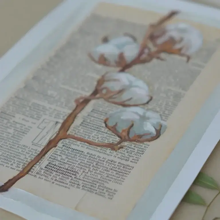 Ein kunstvolles, originales Ölgemälde mit zarten weißen Blüten und grünen Blättern, handgemalt direkt über den zweispaltigen Frakturtext einer antiken deutschen Lexikonseite.