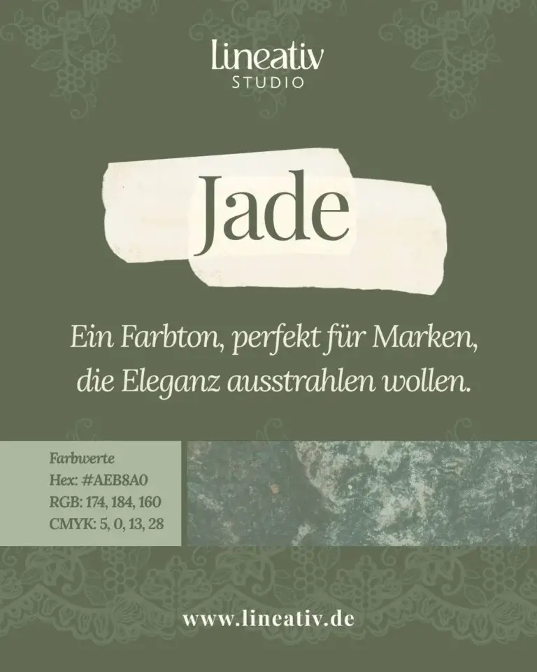 Eine elegante Design-Grafik von Lineativ Studio in einem Jade. Der Hintergrund ist mit einem feinen, floralen Ornament-Muster verziert. Im oberen Bereich steht das Logo „Lineativ STUDIO“. Darunter befindet sich ein weißes, angerissenes Papier-Element mit der Aufschrift „Smaragdgrün“ in einer stilvollen Serifenschrift. Es folgt der Slogan: „Ein Farbton, perfekt für Marken, die Eleganz ausstrahlen wollen.“. direkt daneben ist ein quadratischer Ausschnitt einer organischen, grünen Steinstruktur zu sehen. Ganz unten steht die Webadresse „www.lineativ.de“.