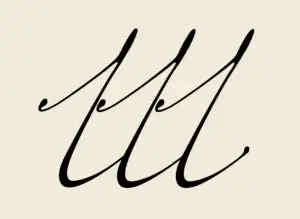 Ein elegantes, geschwungenes Monogramm des Buchstabens l in schwarzer Tinte auf einem minimalistischen, cremefarbenen Hintergrund.