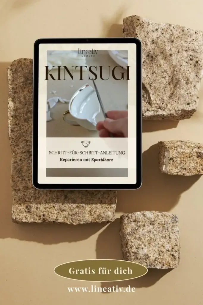 Kintsugi Schritt-für-Schritt-Anleitung PDF von Lineativ Studio auf einem Tablet-Bildschirm präsentiert