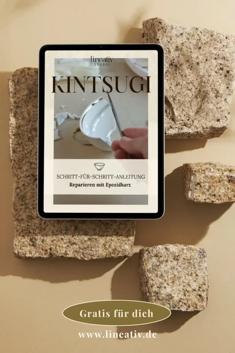 Kintsugi Schritt-für-Schritt-Anleitung PDF von Lineativ Studio auf einem Tablet-Bildschirm präsentiert