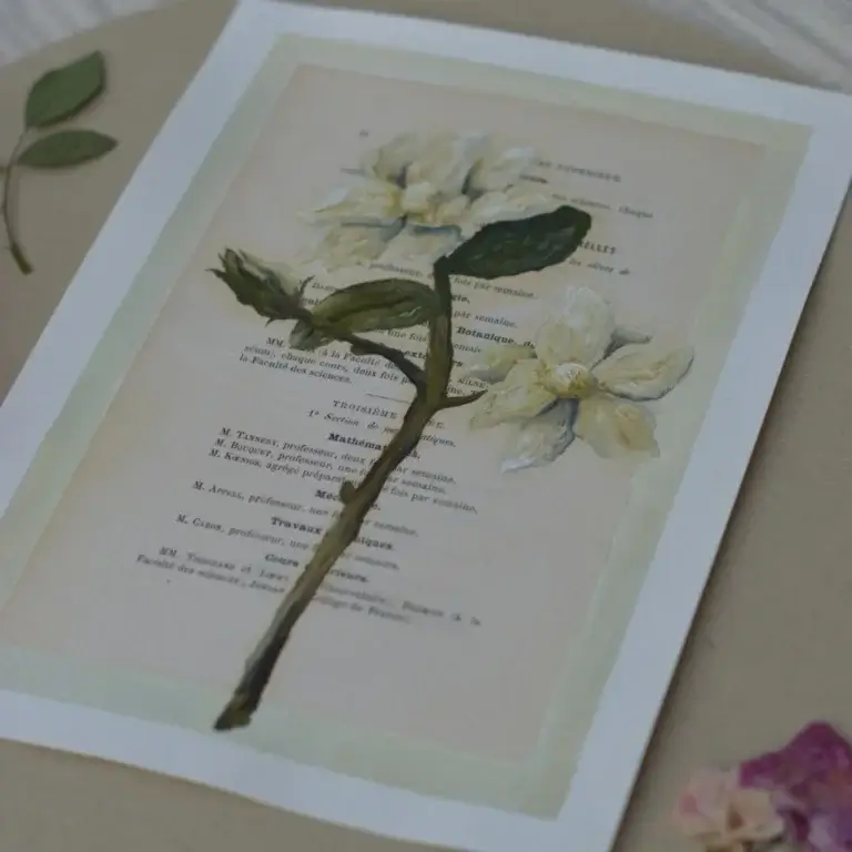 Ein originales Ölgemälde des lineativ studios, das direkt auf eine vergilbte, französische Buchseite gemalt wurde. Das Motiv zeigt detailreiche, cremeweiße Blüten mit realistisch schattierten, grünen Blättern und feinen Stängeln. Der gedruckte französische Text des Buches schimmert an den unbemalten Stellen und durch die transparenten Farbschichten hindurch. Das Bild liegt flach auf einer hellen Oberfläche.